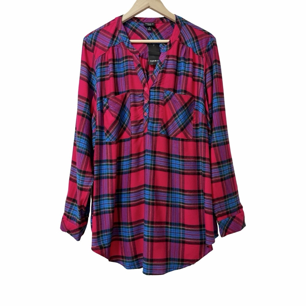 Torrid Harper Brushed Plaid Popover Tunic Top Size 2X Pink Soft Western Barn NEW